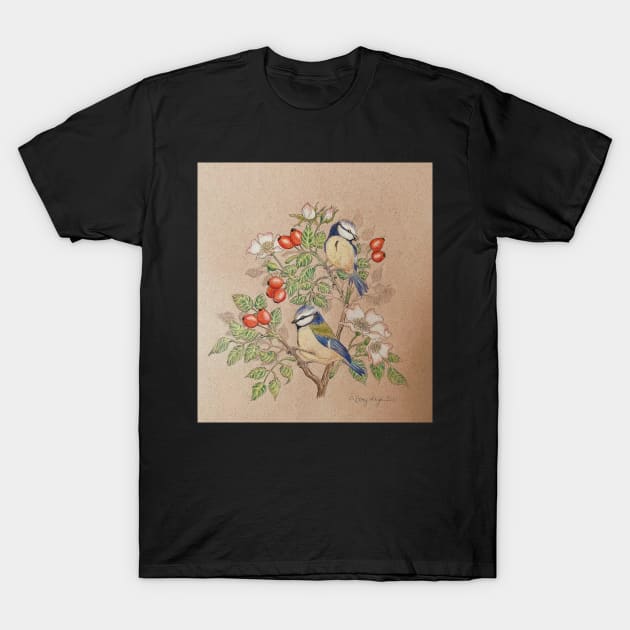 Blue tit on rosehip T-Shirt by chequer